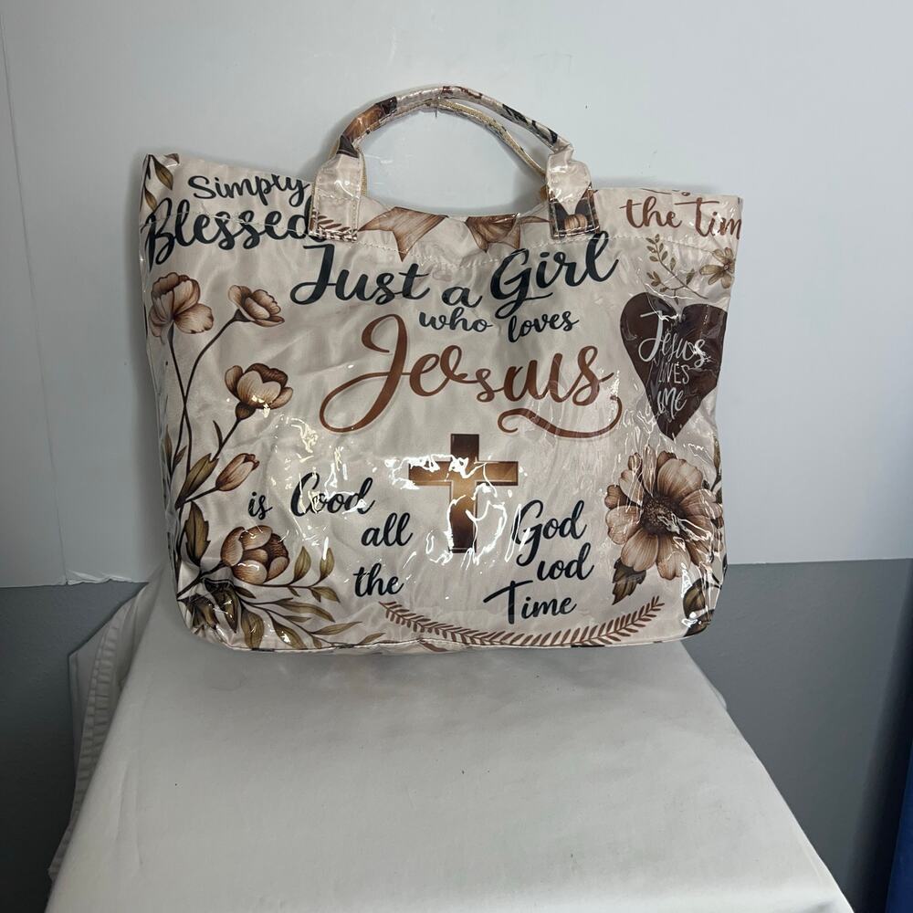 Christian Floral Tote Bag Just a Girl Who Loves Jesus Church Bible Bag Beige
